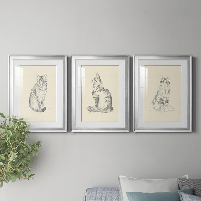 House Cat I - ensemble de 3 reproductions de dessins encadrés, H 42,5 po x l 91,5 po x P 1 po, Cadre argenté