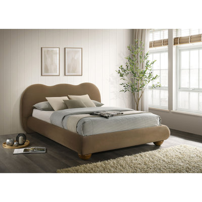 Grand lit rembourré Brown Boucle, mobilier de chambre à coucher contemporain de style transitionnel, bois d'ingénierie, structure en velours et revêtement, bois d'hévéa massif de style