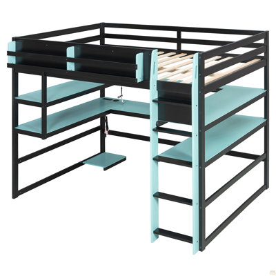 Lit mezzanine double en bois avec bureau, support de rangement latéral, tablettes multiples et lumière RVB, bleu nuage
