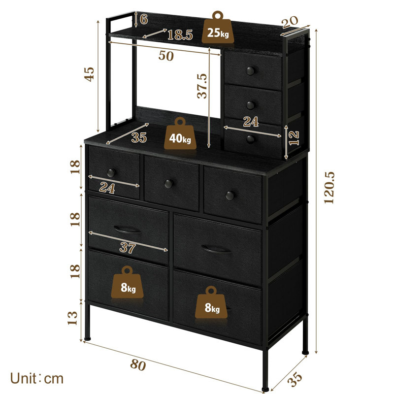 80cm W 10 - Drawer Chest of Drawers, Black
