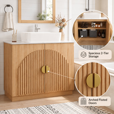 Meuble-lavabo de salle de bain autoportant moderne avec lavabo vasque et armoire de rangement à lattes, organisateur de rangement de salle de bain grande capacité