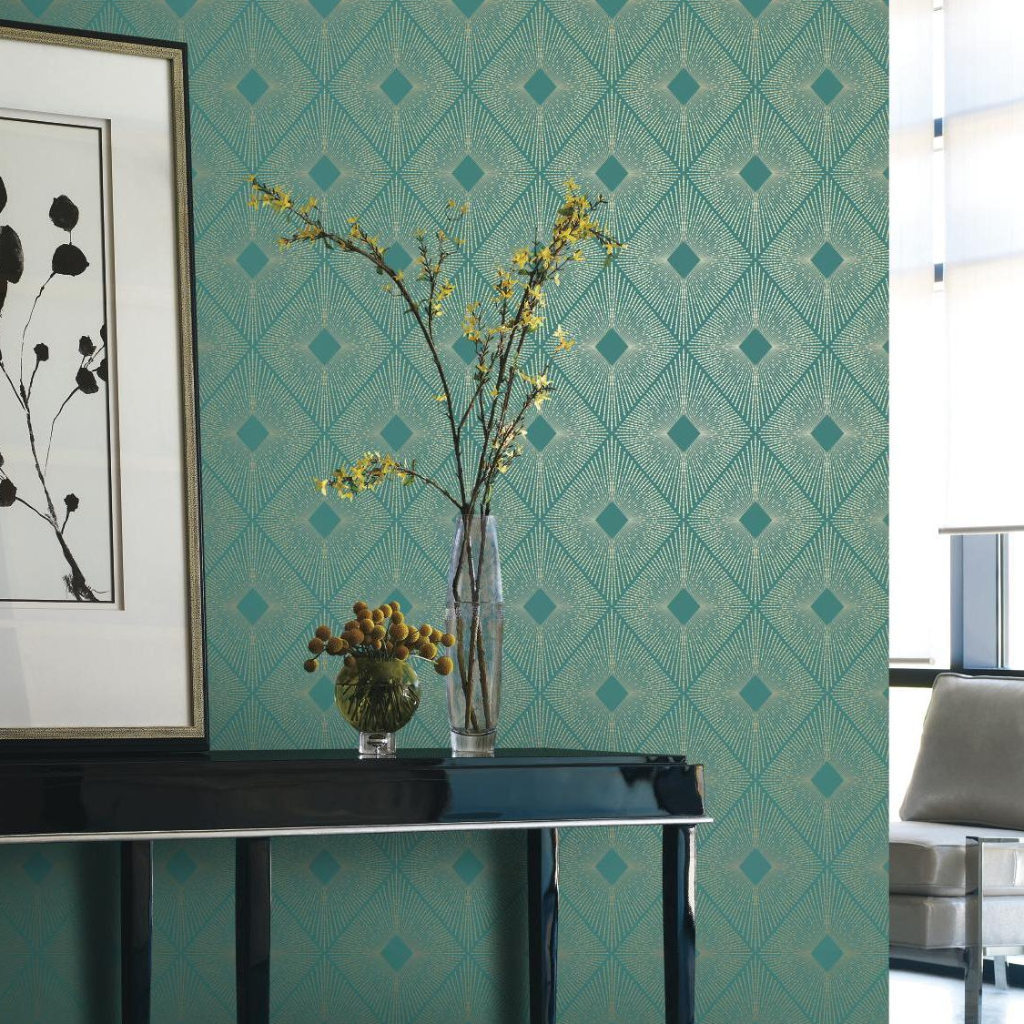 Antonina Vella Modern Metals Modern Geometric Wallpaper, Teal/Gold