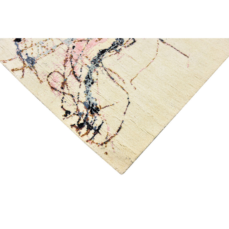 Hand Knotted Abstract Area Rug in Ivory/Black/Burned Orange, Rectangle 9' x 12'