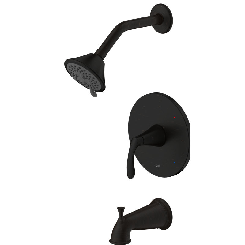 Système de douche de la collection Stilleto: pomme de douche ronde à 3 fonctions de 4 po, ensemble de poignées simples, bec de baignoire et soupape brute incluse - bronze huilé