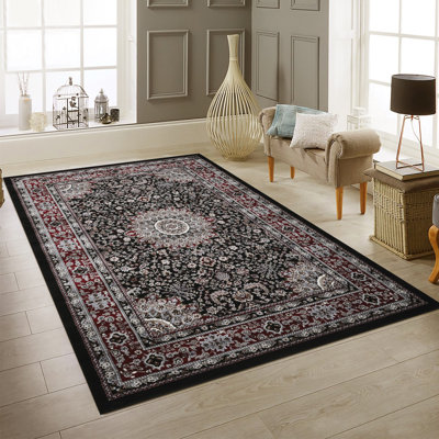 Tapis transitionnel à motif floral Master Collection, noir et rouge