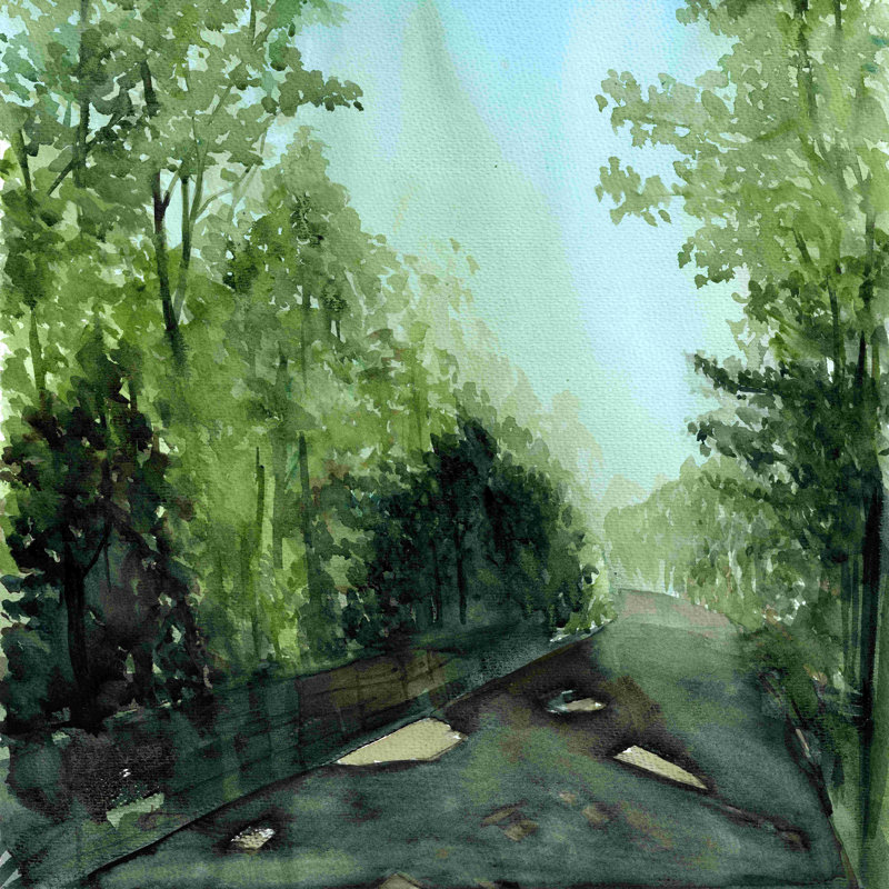 «Path in the Woods Watercolor 2», peinture sur toile tendue, H 20 po x l 20 po