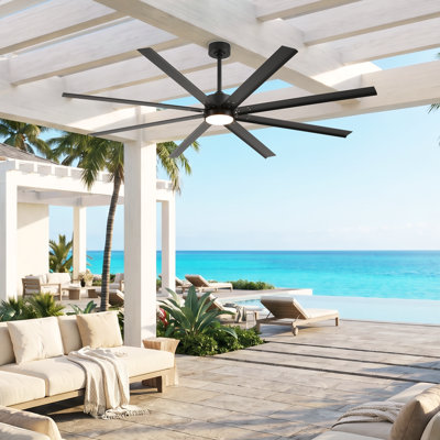 Ventilateur de plafond extérieur de 165 cm avec éclairage, style industriel, 8 pales en aluminium, étanche, moteur CC réversible et silencieux, écoénergétique, idéal pour patio, véranda, belvédère et espaces extérieurs.