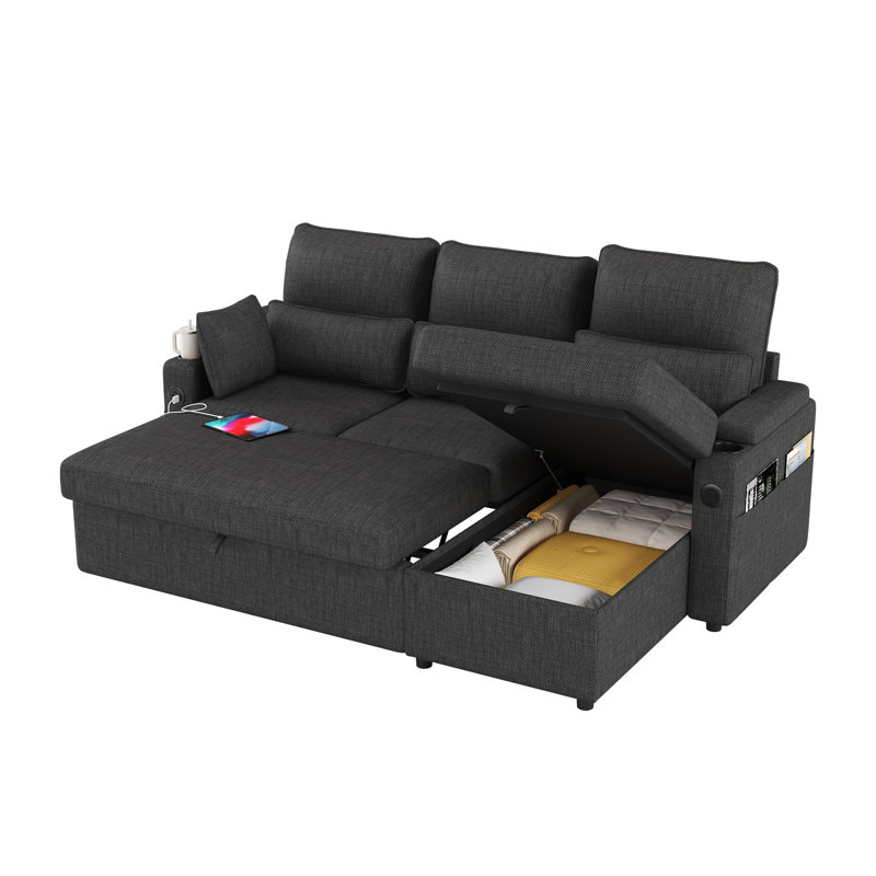 L-Shaped Linen Sleeper Sectional Sofa Bed with Storage Chaise, Solid Wood Frame, USB Charging, Dark Gray Linen
