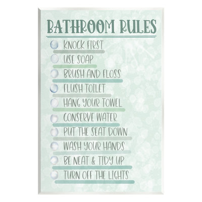 «Bathroom Rules on Green», art mural sur bois par Matthew Piotrowicz