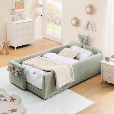 Lit simple avec matériau Boucle, jolie tête de lit en forme d'oreille en forme de lapin, garde-corps et poche de rangement, plateforme Cyan dans la chambre à coucher, plateforme Cyan, tissu rembourré, rail, poche pour jouer
