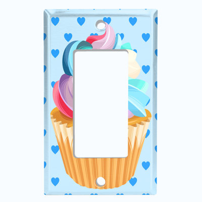 Metal Light Switch Plate Outlet Cover (Colourful Cupcake Blue Heart Polka Dots - Single Toggle)