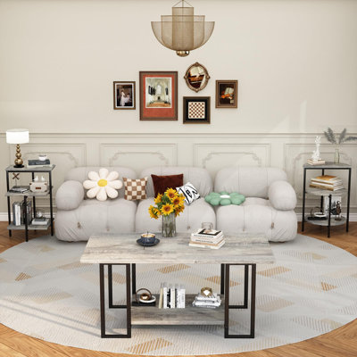 3‑Piece Living Room Table Set, Industrial Coffee Table with 2 Tier Side End Tables, Storage Open Shelf for Living Room Apartment