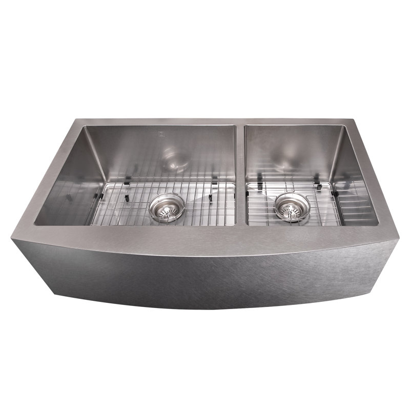 DuraSnow® ZLINE 36" Courchevel Farmhouse Apron Mount Double Bowl Fingerprint Resistant Stainless Steel Kitchen Sink with Bottom Grid