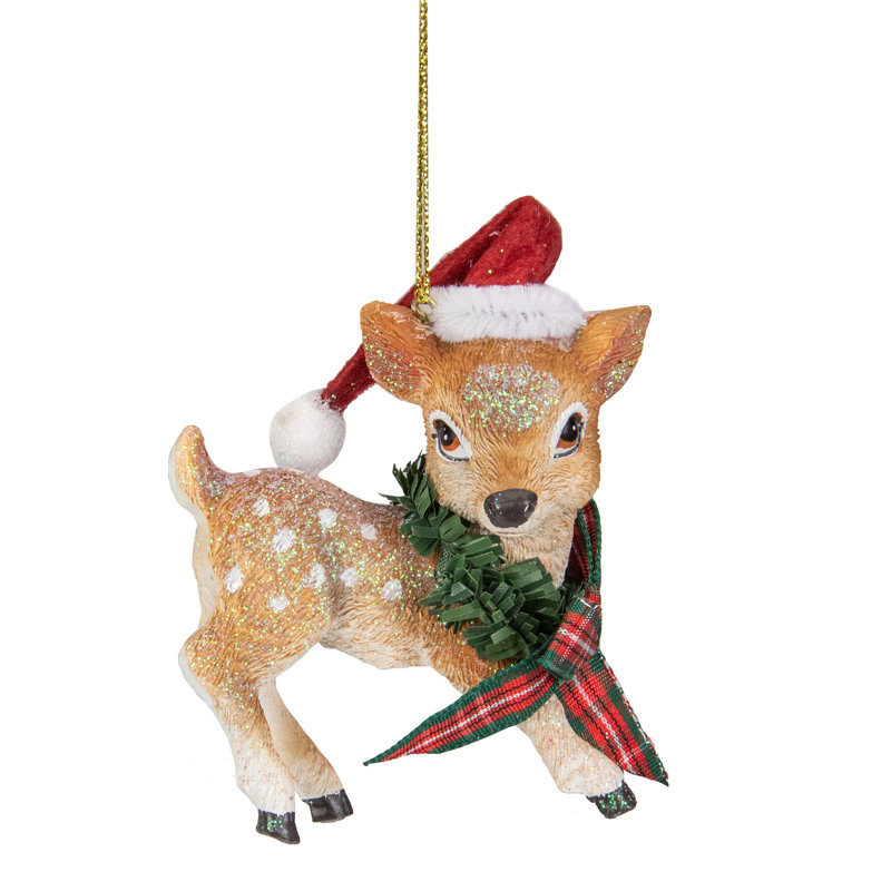 Ornement de Noël 3 "fauve avec chapeau de père Noël et nœud écossais
