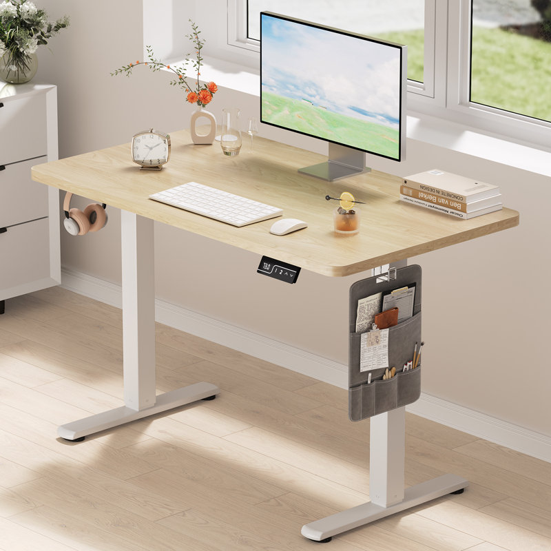 Height Adjustable Rectangular Standing Desk, 118cm H x 100cm W 60cm D, Beige, White