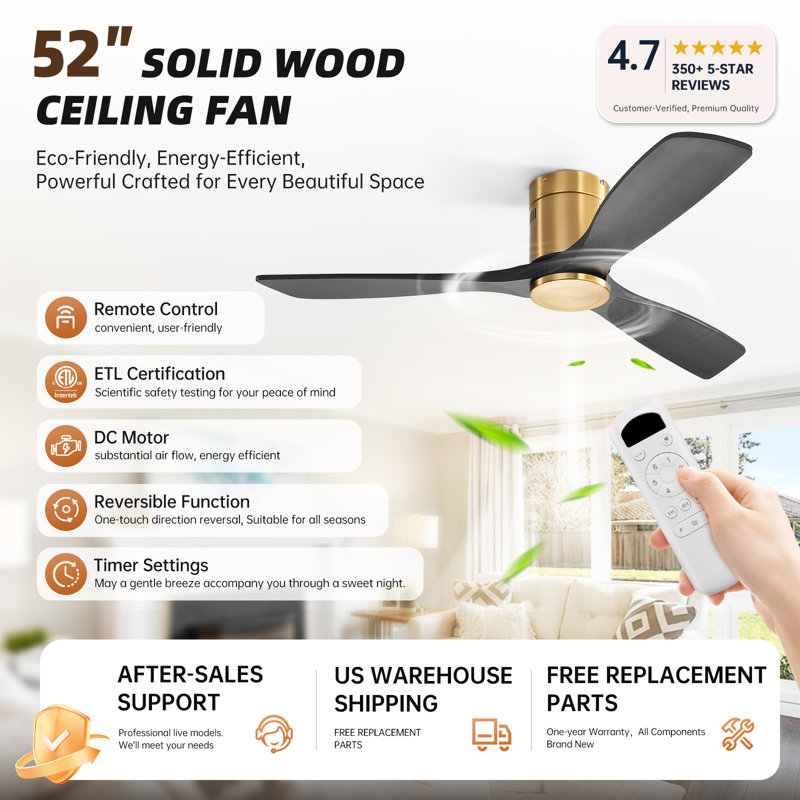 Nicola 52" 3-Blade Ceiling Fan, Gold Finish with Black Blades