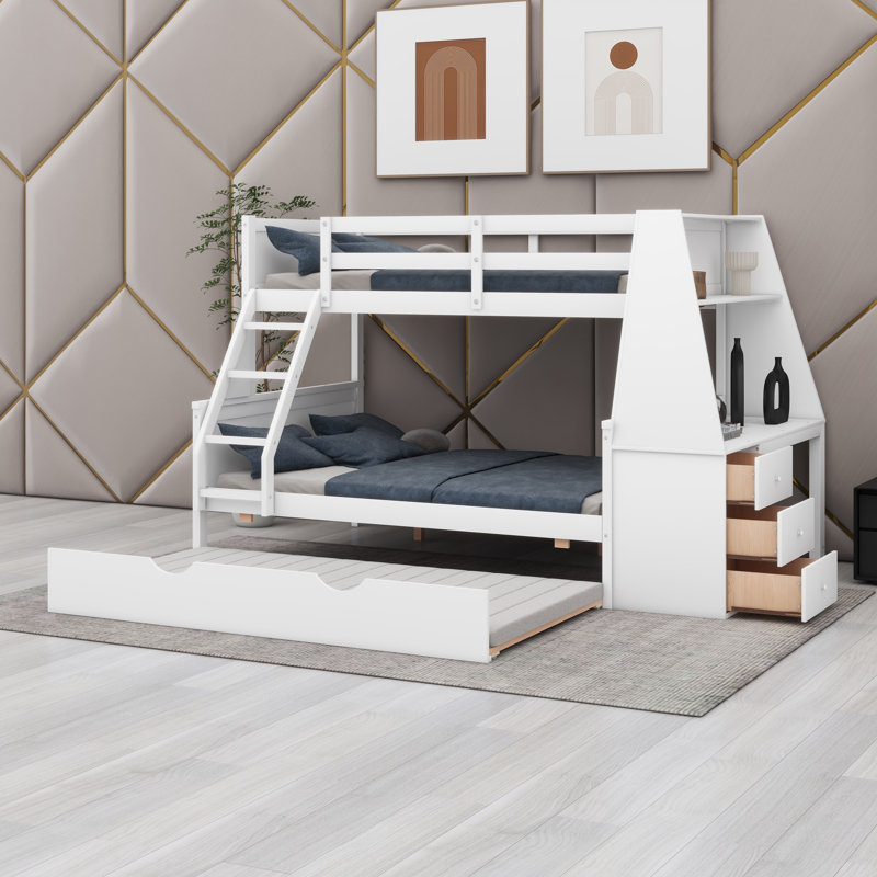 Solid Wood  Floor Bunk Beds With Trundle ,Built-In Desk, Three Storage Drawers And Shelf, White