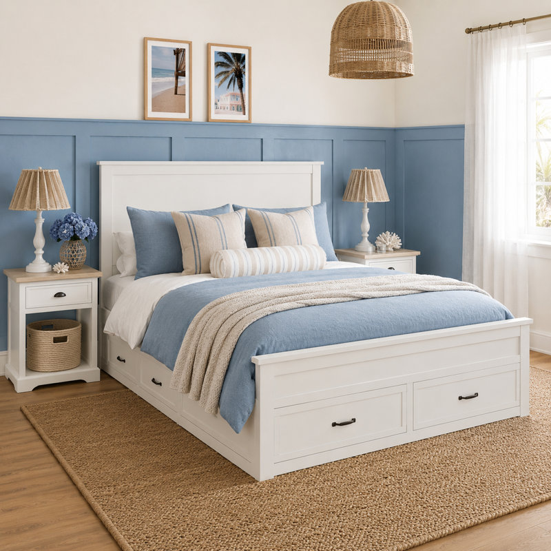 Modern Queen Size Platform Bed with 6 Storage Drawers and Wood Slat Support, White