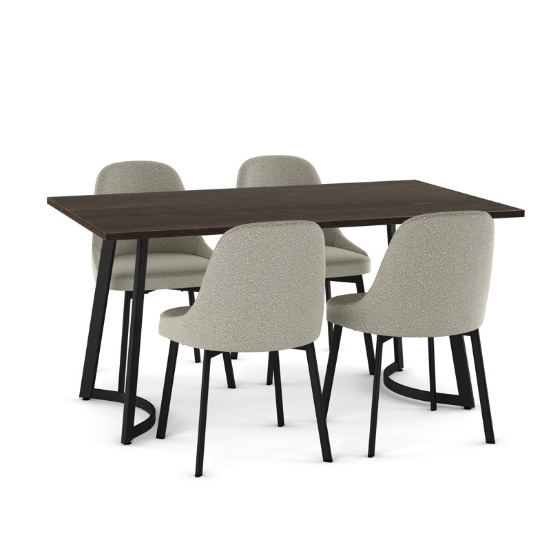 Korde 5 Pieces Dining Set, Light Beige & Grey Bouclé, Dark Gray Brown