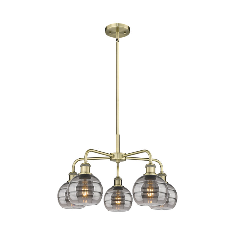Lustre rond / ovale à abat-jour 5 lumières, Laiton antique, H 13,38 po x l 23,88 po x P 23,88 po, Gris fumée clair