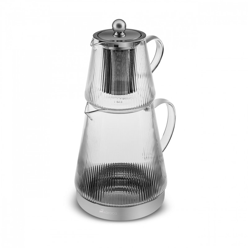 Karaca Keops Borosilicate Glass Teapot Set, Transparent Silver