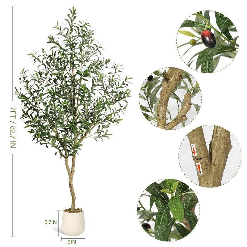 Grand olivier artificiel à feuilles persistantes, résistant aux rayons UV, avec pot blanc, olives et mousse, parfait pour une utilisation intérieure ou extérieure