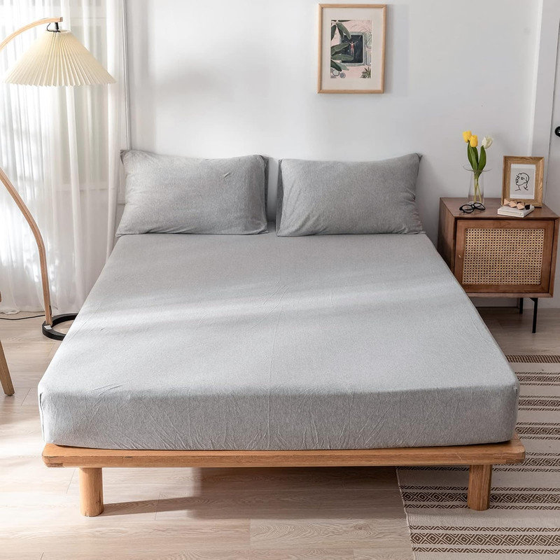 Drap-housse en coton tricoté 3 pièces DONEUS, Drap-housse grand avec 2 taies d'oreiller, Gris