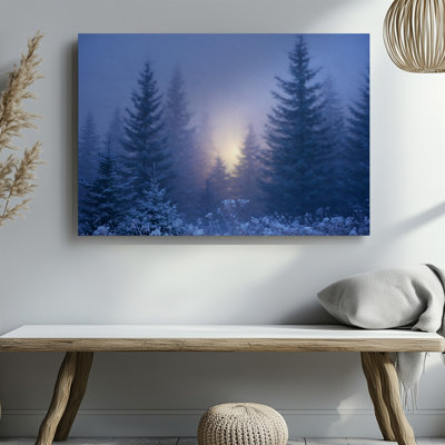 Canvas A Serene Winter Landscape Featuring Tall Snow Covered Evergreen Trees Wall Art Shrouded In A Soft Misty Atmosphere The Scene Is Canvas Wall Art