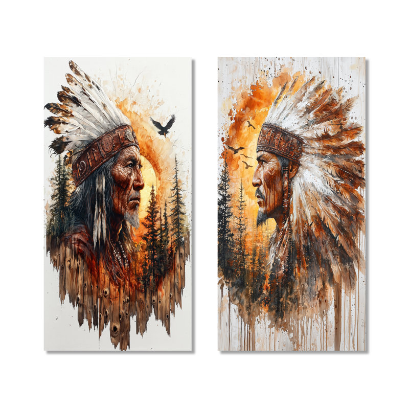 Native American Warrior Energy of Forest I - Brown, impression d'art mural en métal, ensemble de 2, 40" H x 40" W