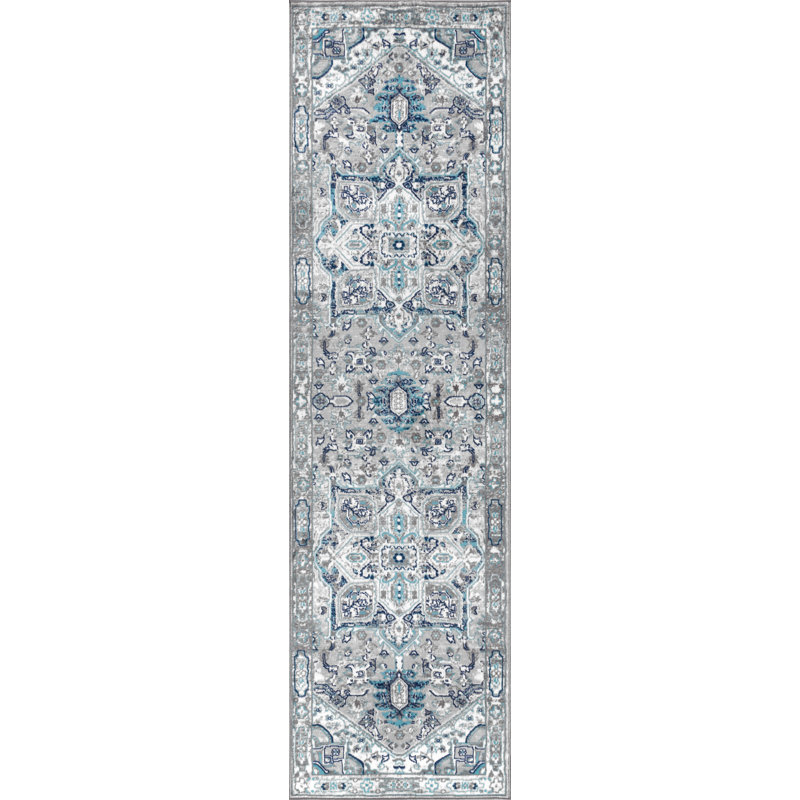 Tapis gris clair / bleu clair à motif médaillon persan Lazaro, Tapis de couloir 2 pi 3 po x 8 pi