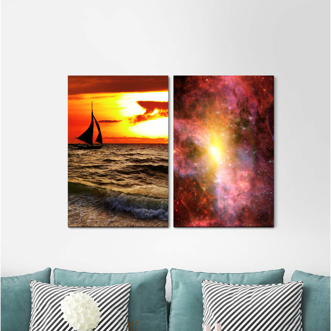 2-tlg. Leinwandbilder-Set - Grafikdruck „Sailboat Sea Red Sky Universe Galaxy Stars Freedom”