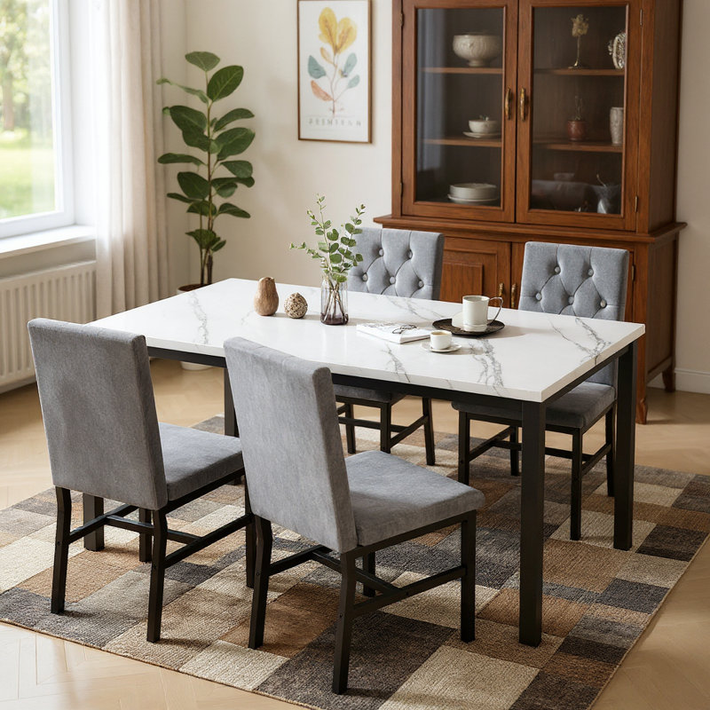 5-Piece Dininng Room Table Set with 4 Uphosltered Dining Chairs, Faux Marble Table Top and Robust Metal Frame Dining Table Set of 5, Space-Saving Design Dinette Set for Home Furniture Kitchen Restaurant