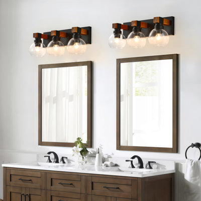Applique murale en métal noir et bois à 3 lumières avec abat-jour en verre Farmhouse