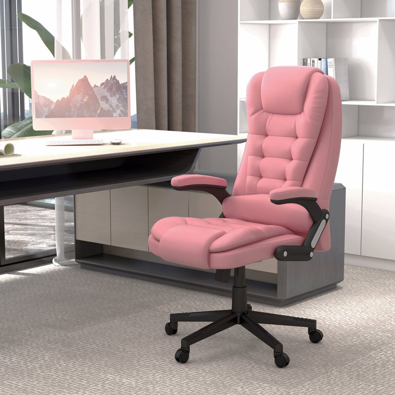 High Back Vibration Massage Office Chair With 6 Vibration Points, Heated Reclining Pu Leather Computer Chair With Armrest And Remote, Pink