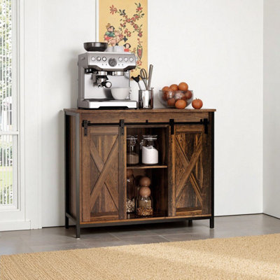 Buffet industriel avec portes de grange coulissantes, bar à café rustique brun de 35,5 po et buffet de rangement pour le salon
