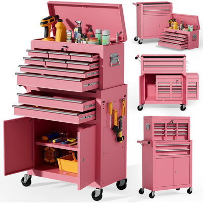 10-Drawer Rolling Tool Chest with Wheels, 2 in 1 Lockable Tool Box with Drawers, Detachable Top Cabinet & Storage Cart