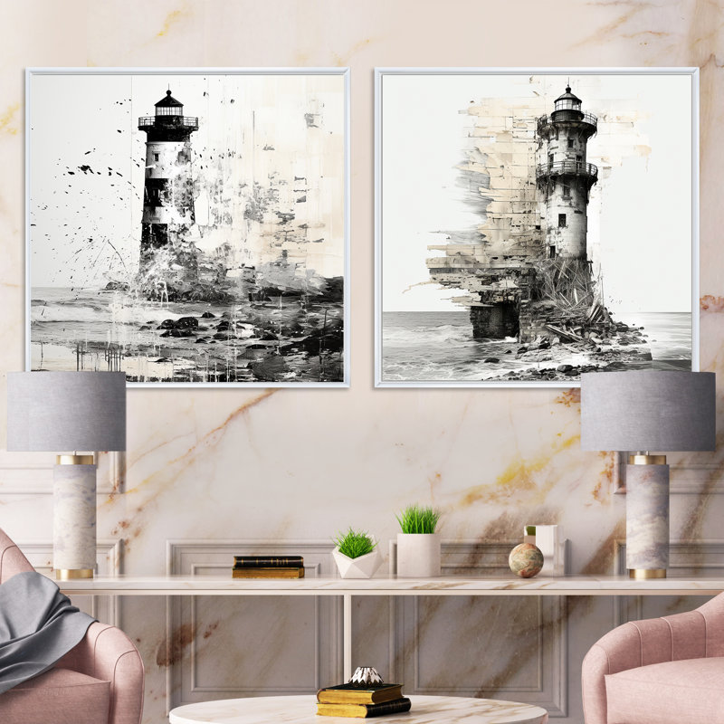 Mystérieux phare noir et blanc - ensemble de 2 carrés côtiers, Cadre flottant blanc, H 30 po x l 61 po