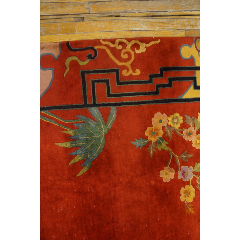 Antique Art Deco Room Size Wool Orange, Red / Rust Rug