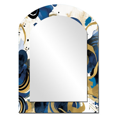 Longino Abstract Pattern With Blue & Golden Textures XII - Minimalism Asymmetrical Decorative Wall Mirror, Modern Arch Mirror, Printed Metal Art