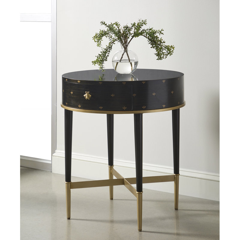 Gold and Black Round Wood Metal Accent Table with Storage