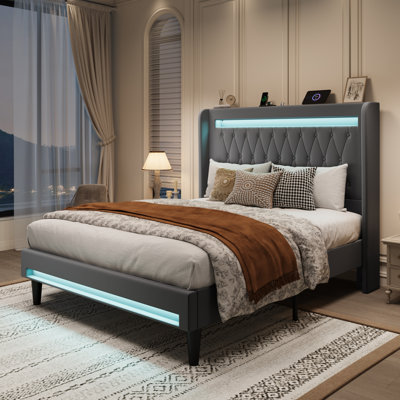 Modern Diamond-Tufted Upholstered Bed Frame With RGB LED Lights, USB Charging Ports & Wingback Headboard
