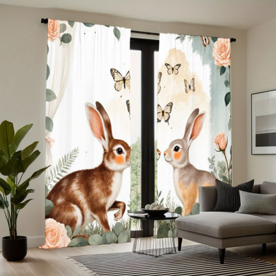 2Pcs Cute Rabbits with Butterflies and Roses, Watercolor Style, Garden Theme, Decorative Curtains for Living Room Bedroom Study Window Decor