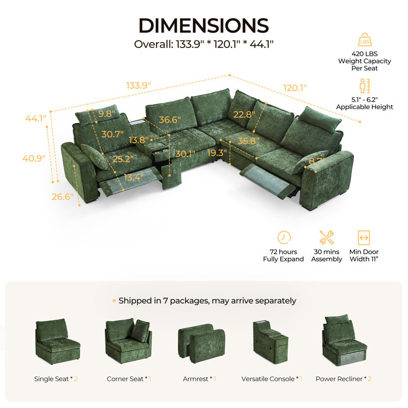 Canapé modulaire surdimensionné en chenille 6 places Olar, Chenille verte