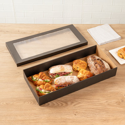 Restaurantware-Cater Tek 22.2 x 10 x 3.2 Inch Baked Goods Boxes, 10 Greaseproof Pastry Boxes - Window Lids, Insert Tab Lock, Black Paper Catering Box, Easy Assembly, For Charcuterie Or Cupcakes