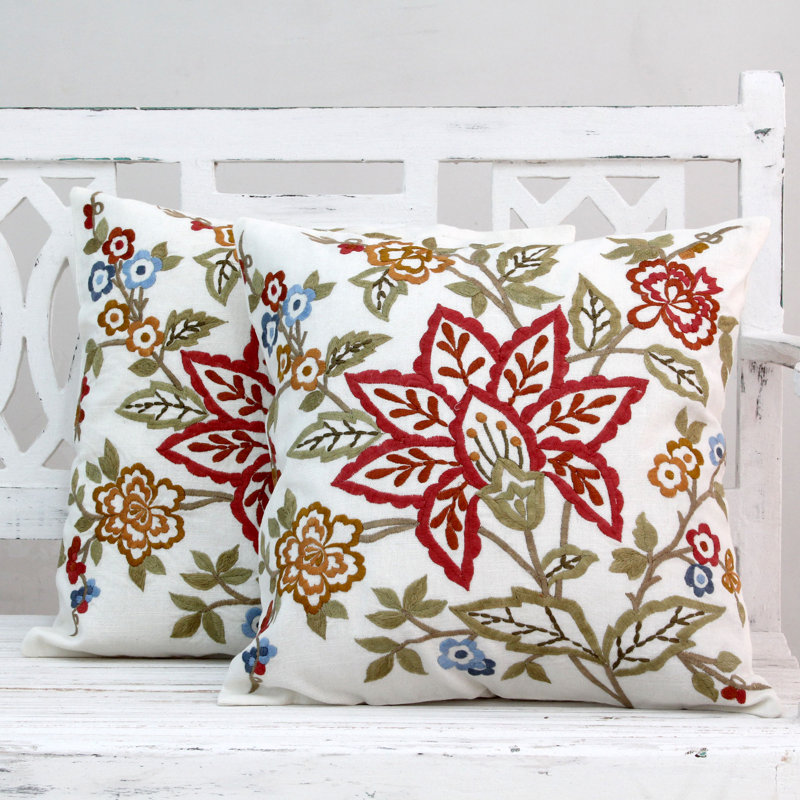 Seema Embroidered Square Cotton Throw Pillow Covers