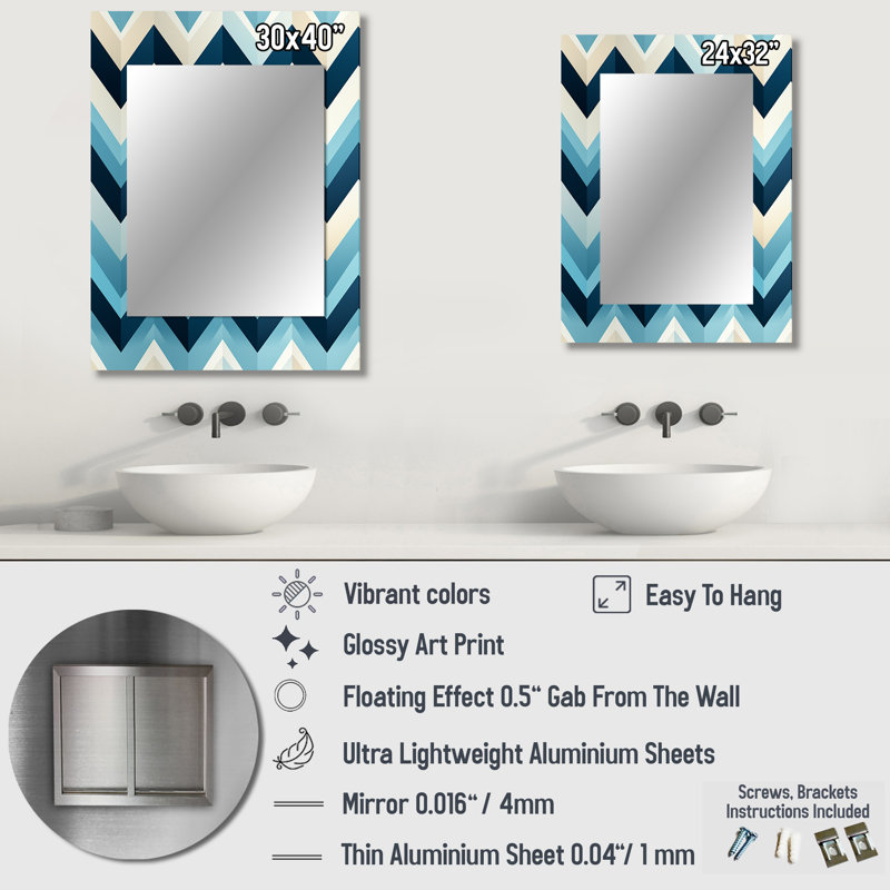 Theisen Blue And White Geometric Harmony Chevron Pattern - chevron  Mirror, Glam Decorative Wall Mirror, Printed Metal Art