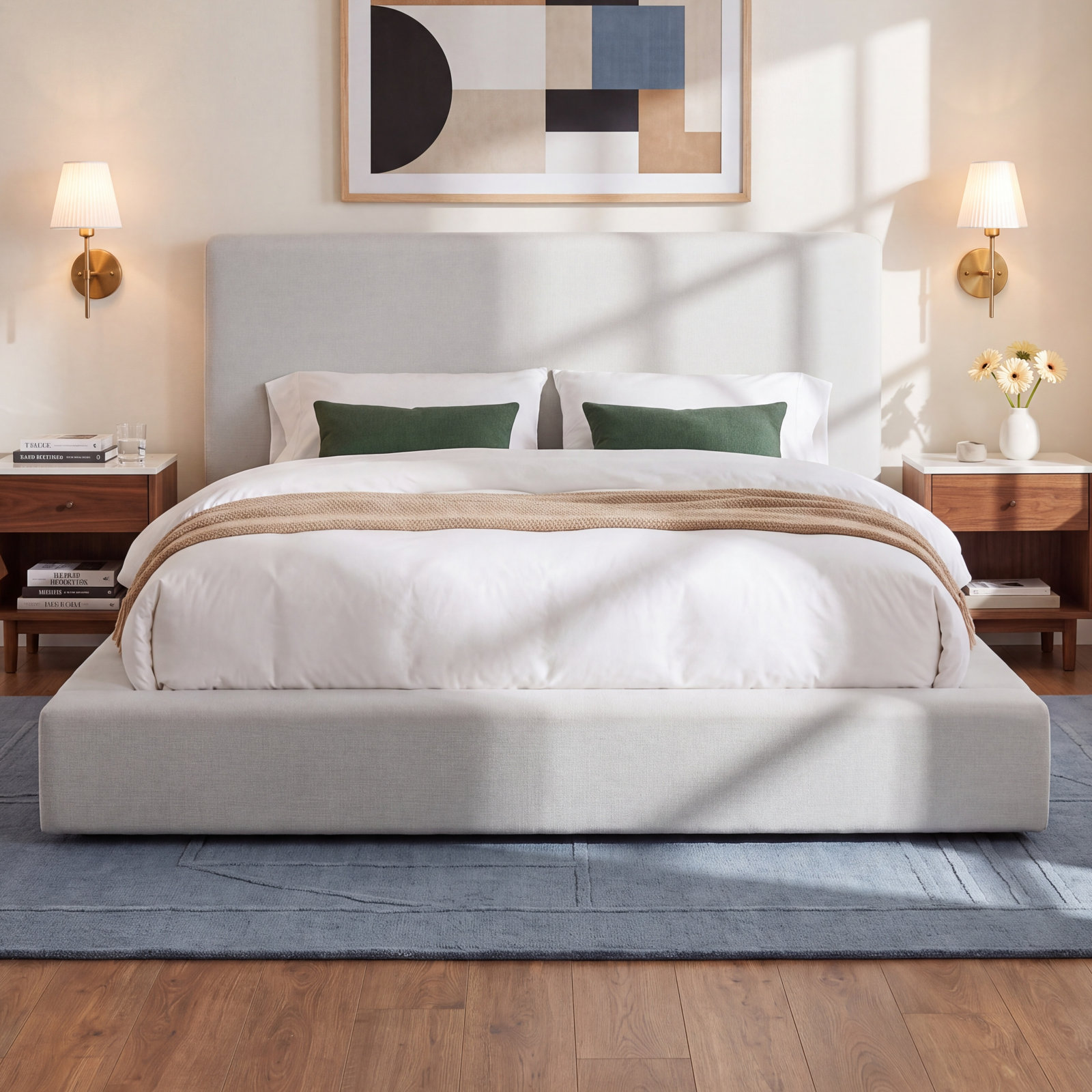 Ishia Velvet Upholstered Bed, Queen, Cream Linen