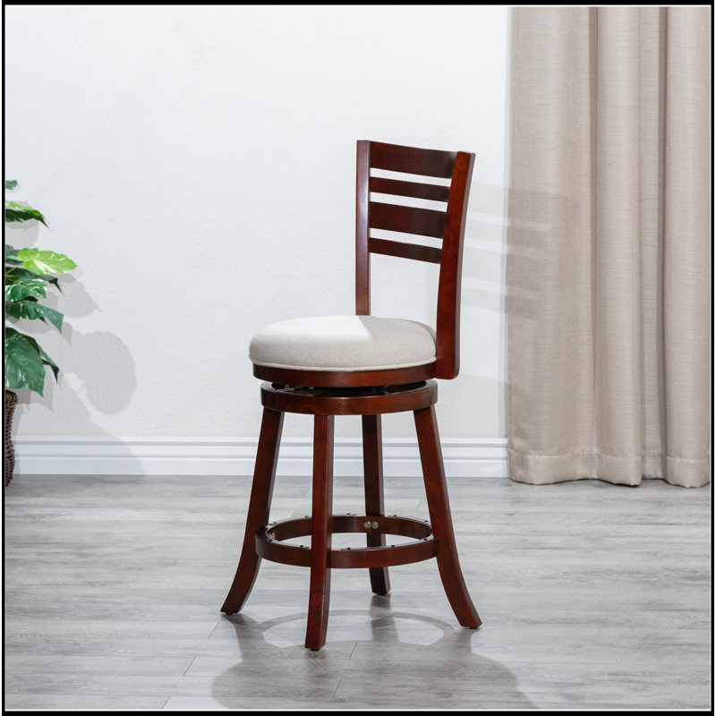 Tabouret pivotant à dossier et à lattes à hauteur de comptoir 24 po, siège en tissu, Blanc, Cerisier