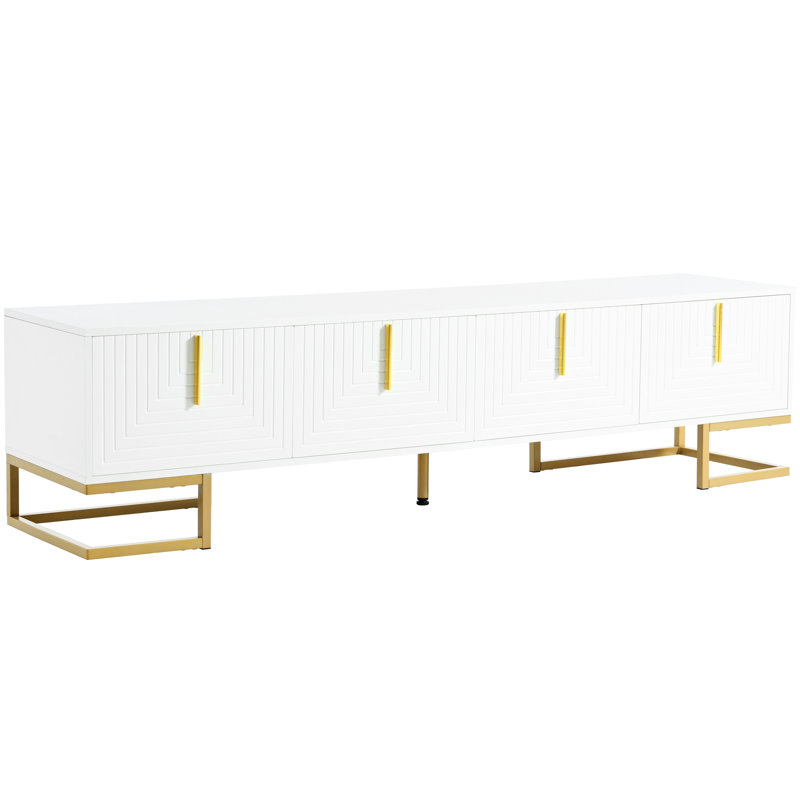 Meuble télé 80 po avec motifs géométriques et tablettes réglables, pieds en métal or blanc