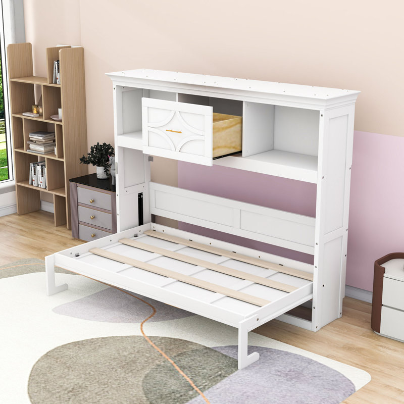 Lit escamotable simple avec station de charge et tiroir de rangement, Blanc